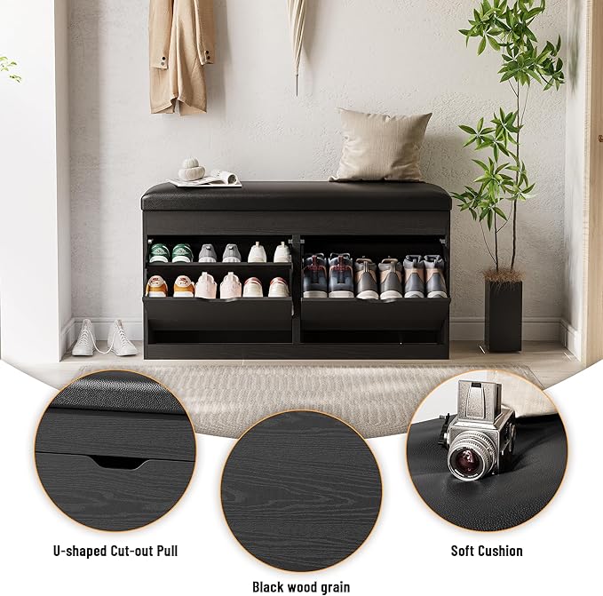 40" Shoe Storage Bench with 2 Flip Drawers & Padded Seat Cushion, Shoe Cabinet with Lift Top Storage Box, Shoe Bench Shoe Organizer for Entryway, Hallway, Living Room, Black