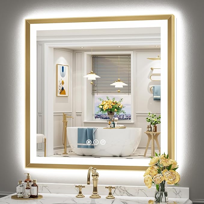 36x36 Gold Beveled LED Bathroom Mirror with Lights, Brushed Gold Framed Backlit and Front Lit Anti-Fog Lighted Vanity Mirrors for Bathroom Wall, Dimmable, 3 Colors, Memory, HD Tempered Glass