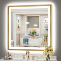 36x36 Gold Beveled LED Bathroom Mirror with Lights, Brushed Gold Framed Backlit and Front Lit Anti-Fog Lighted Vanity Mirrors for Bathroom Wall, Dimmable, 3 Colors, Memory, HD Tempered Glass
