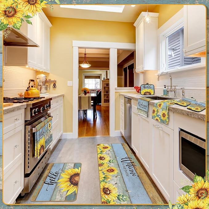 Fourluoo 10 Pcs Sunflower Kitchen Decor Set Sunflower Kitchen Towels and Rugs Oven Mitts and Pot Holders Farmhouse Decor for Women Mom Gift Cooking Baking Grilling