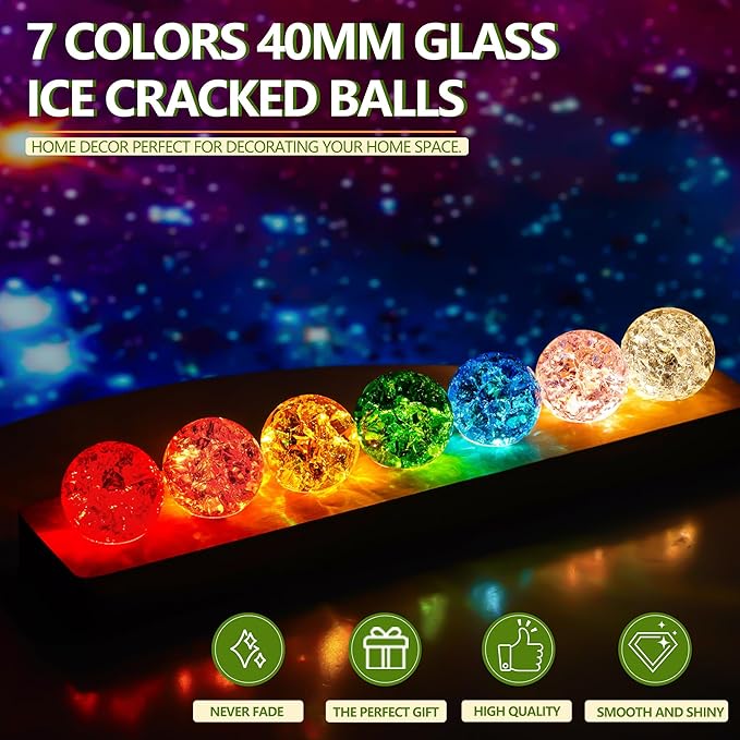 7 Colors Ice Cracked Balls with LED Wooden Base 40mm Healing Sphere Balls Set Crystal Chakra Night Light Decor for Home Valentines Day Gifts for Her