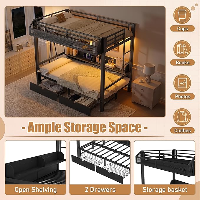 Bellemave Twin XL Over Twin XL Metal Bunk Bed with Storage Drawers and Shelves, Heavy Duty Bunk Beds with LED Lights and Charging Station for Kids,Adults,Convertible into a Sofa Bed,Black
