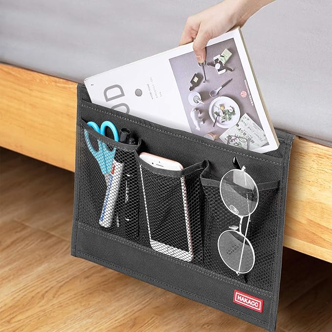 HAKACC Bedside Caddy, Remote Holder for Bed, Storage Organizer with Pockets for Bed, Sofa, Phones, Magazines, Tablets and Accessories, Black