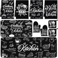 Fourluoo 10 Pcs Black Kitchen Decor and Accessories Black Kitchen Towels Rugs Oven Mitts and Pot Holders Set Gloves Vintage Potholders for Baking Cooking Chef