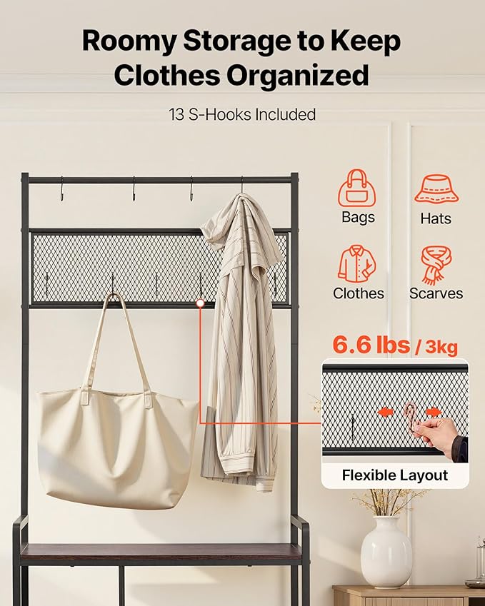 VEVOR Hall Tree, 70.9 in Coat Rack with Shoe Storage, Freestanding 4-Tier Shoe Rack Organizer with Hooks, Side Pocket and Wire Shelf, Steel Frame Entrance Coat Holder for Entryway, Bedroom, Closet