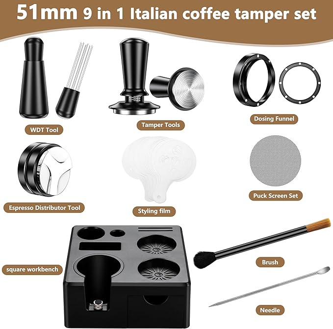 9 Pack Espresso Accessories Kit（Square）,51mm Espresso Tool Kit | Espresso Tamping Station | Coffee Distributor Tamper | WDT Tool | Dosing Funnel | Mother's Day Gift for Espresso Lovers