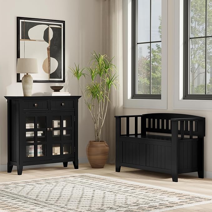 SIMPLIHOME Acadian Solid Wood 36 inch Wide Small Storage Bench and 36 inch Wide Storage Cabinet in Black for the Living Room, Entryway, and Family Room, Transitional Style