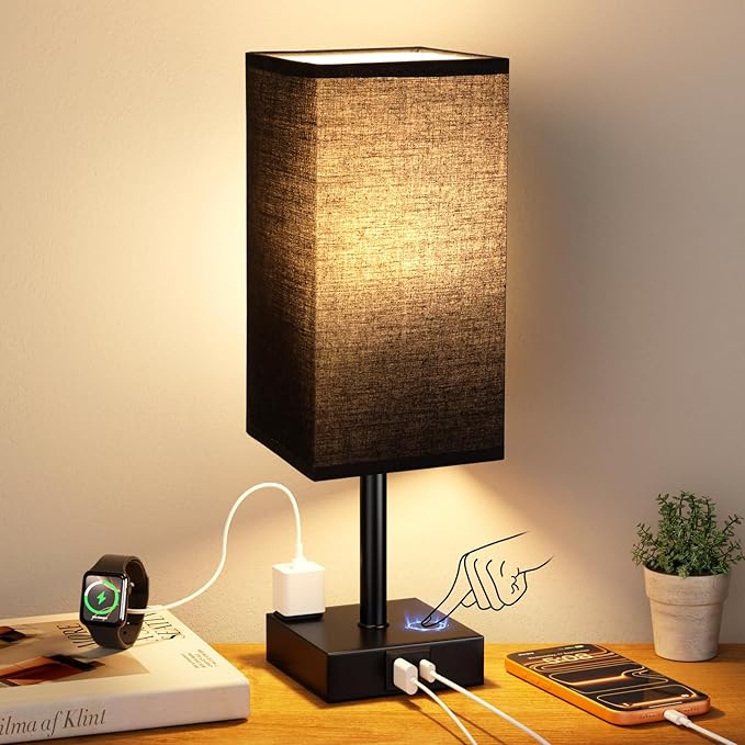 aooshine Black Bedside Lamp for Nightstand - Touch Table Lamp with Type C + A and AC Outlet, Square Charging Lamps for Bedroom Decor, Dorm Lamp for Men, E26 Bulb Included (3000K)