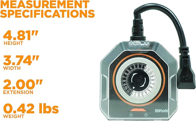 Southwire Woods Outdoor 24-Hour Mechanical Timer - Dual Grounded Outlets - Energy-Saving Power Control - Waterproof Design - Programmable Outdoor Timer - Black