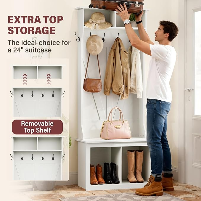 JUMMICO 75" Hall Tree with Bench and Shoe Storage, Farmhouse Entryway Bench with Coat Rack, Mudroom Storage Organizer with 4 Cubbies, 6 Hooks, Detachable Top Cubby for Entryway, Living Room, White
