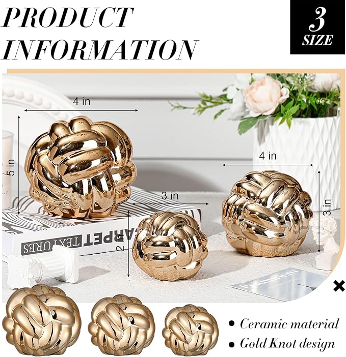 Wenqik Gold 3 Pcs Knot Decor, Chain Link Coffee Table Bookshelf Decor Accents, Entry Table Ceramic Aesthetic Minimalist Decorative Objects for Modern Home Living Room Decoration 3 Sizes