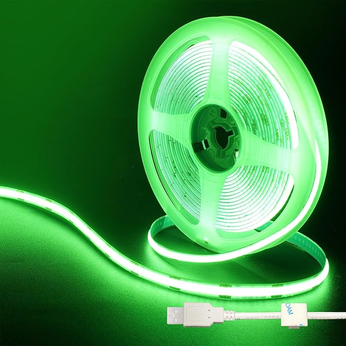 5V USB COB LED Strip Lights,6.56FT/2M,Green,320LEDs/M,8mm Width,Not Waterproof IP20,1M USB Cable,Flexible LED Tape Light for DIY Home Indoor Decoration