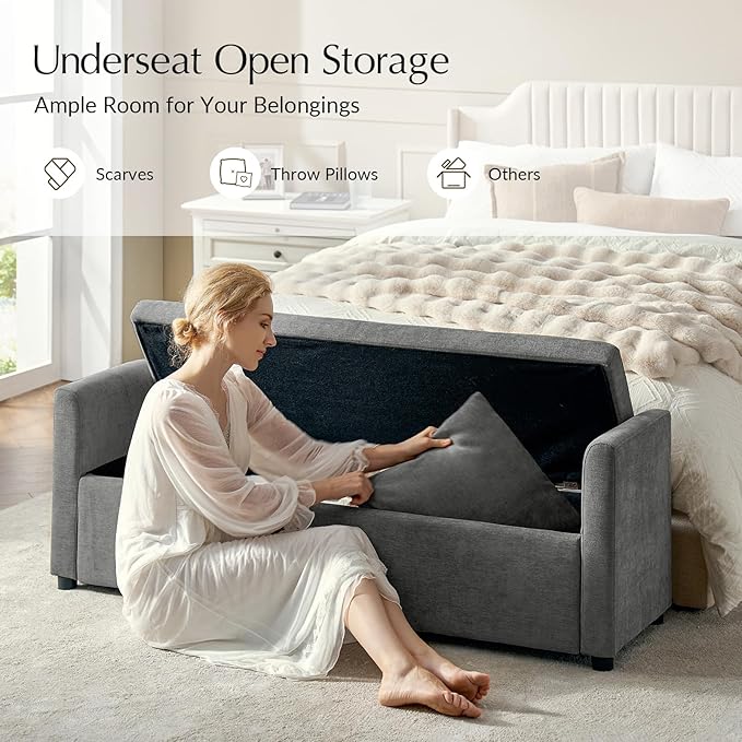 59.5" Modern Storage Ottoman Bedroom Bench, End of Bed Bench with Arms and Throw Pillows, Footrest Stool for Living, Dining Room, Entryway and Hallway, Charcoal