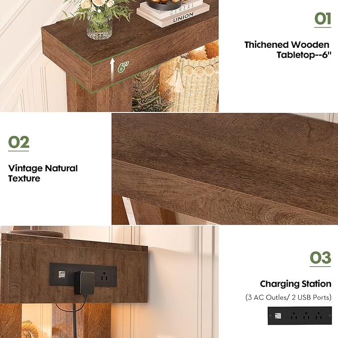 Unikito 47" Entryway Table with Socket and Sensor Light, Narrow Console Table with Storage Behind Couch, Farmhouse Entry Way Tables with Open Storage for Entrance/Hallway/Living Room Rustic Oak