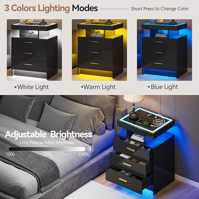 Black Night Stand Set 2 with Wireless Charging Station,Smart Bedside Table with 3 Drawers,Modern Glass Top End Side Table with 3 Color Dimmable,LED Nightstand for Bedroom