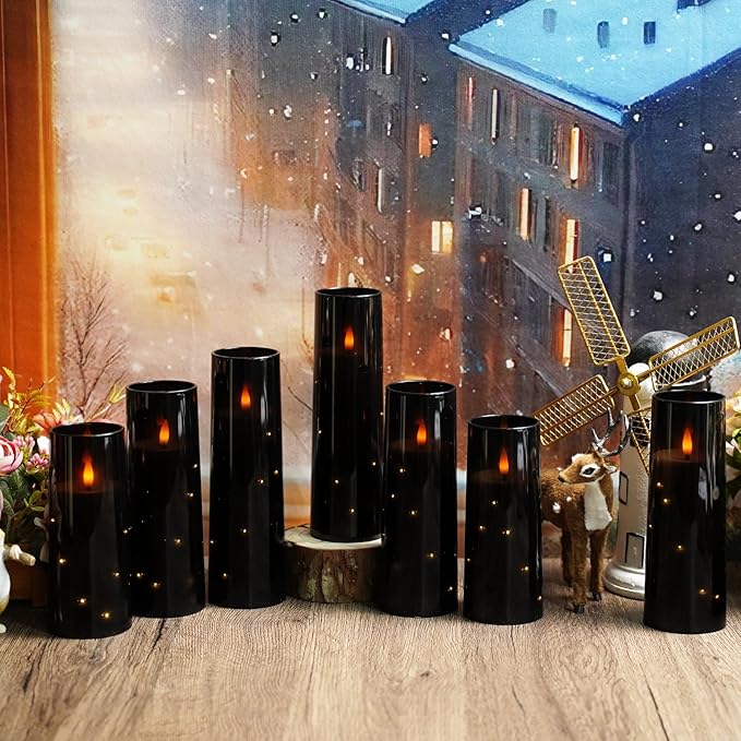 Flameless LED Candles with Timer 9 Pc Flickering Flameless Candles for Romantic Ambiance and Home Decoration Stable Acrylic Shell,with Embedded Star String,Battery Operated Candles（Black）
