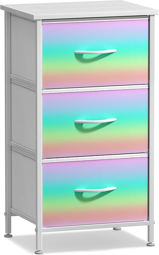 Sorbus Nightstand with 3 Drawers - Bedside Furniture & Accent End Table Chest for Home, Bedroom Accessories, Office, College Dorm, Steel Frame, Wood Top, Pastel Fabric Bins