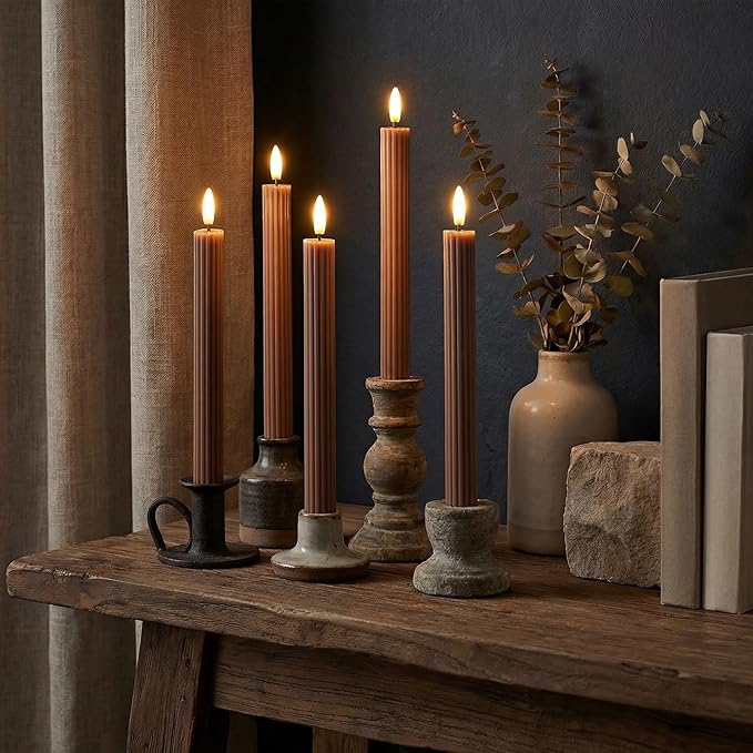 WYZworks 10" Fluted Ribbed LED Brown Tan Grooved Pillar Candles, Remote & 24h Timer Memory, On/Off Switch - Flameless Dimmable Battery Operated w/Flicker Mode, Home Wedding Decor (6 Pack)