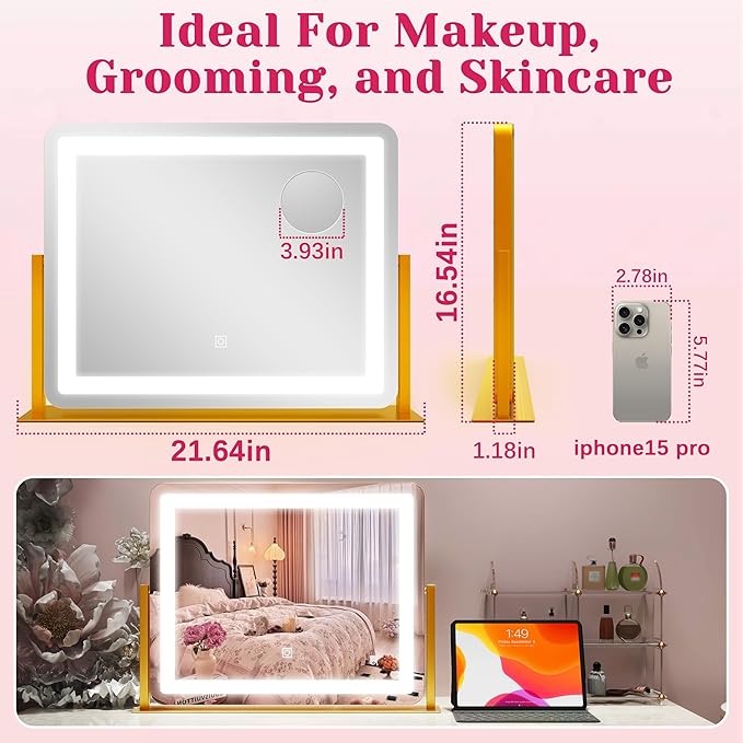 HNV Gold Vanity Makeup Mirror with Lights, 22"x17" Large Lighted Vanity Mirror, Dimmable LED with 3 Color Touch Lighting, Tabletop Mirror for Desk or Bedroom, 360° Rotation