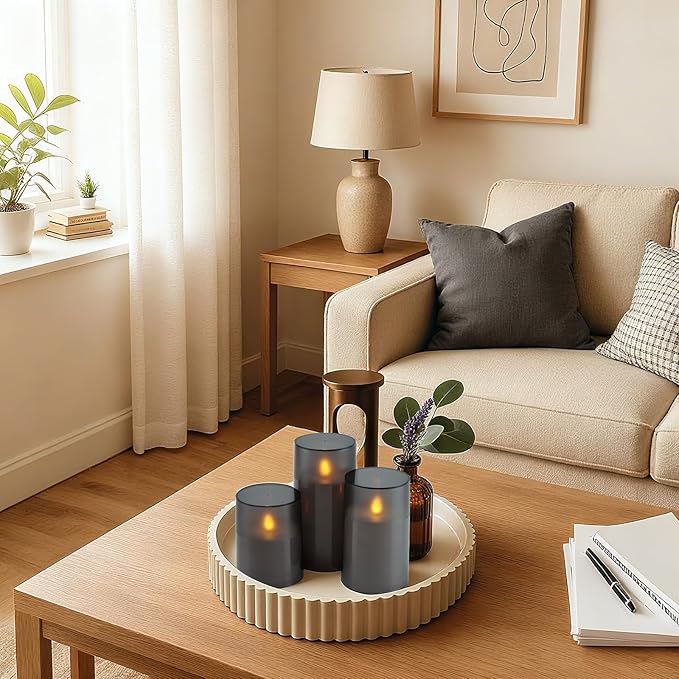 Homemory Flameless Candles Set of 3, Grey Acrylic LED Candles Upgraded Realistic Battery Operated Flames with Remote & Timer, Waterproof for Indoor,Outdoor Decor, Halloween & Christmas Lanterns