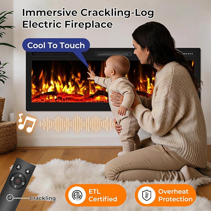 50" Smart WiFi Electric Fireplace with Sound Crackling Narrow Bezel Recessed and Wall Mounted Fireplace Heater with App, Remote Control, Log Flame Option, 750/1500W