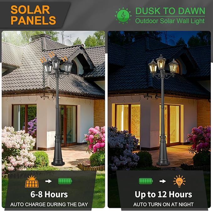 Lamp Post Lights 3-Head Outdoor Solar Post Lamp with High Posts, Dusk to Dawn Remote Control Waterproof Exterior Pillar Latern Hardwired Street Light for Patio Garden Walkway