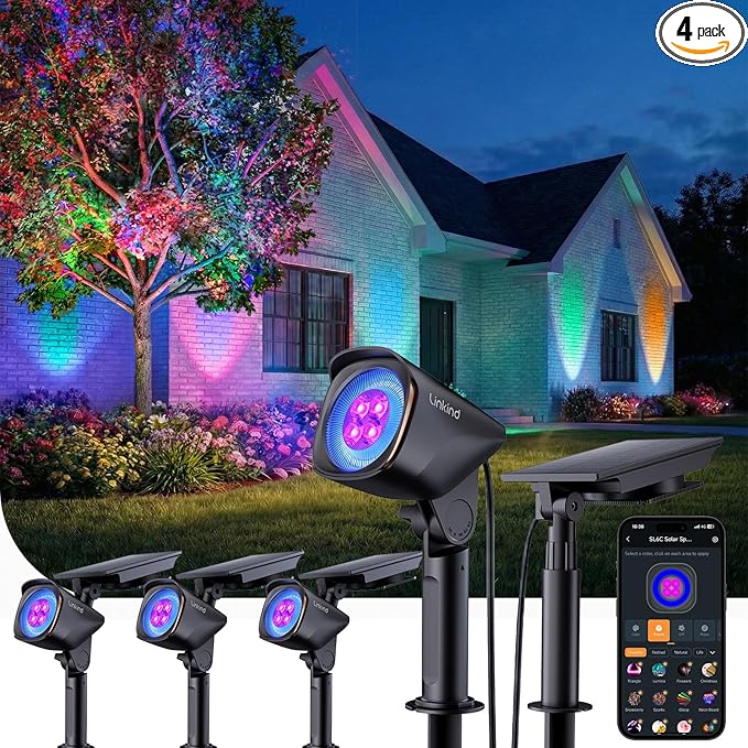 Linkind Smart Solar Lights Outdoor Waterproof SL6C, Dual-Ring Solar & USB Charging Solar Spotlights Outdoor Waterproof IP66, Color Changing Spot Light for Yard, Tree, Landscape, House, 4 Pack