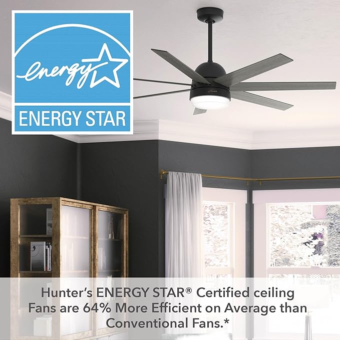 Hunter 60 inch Indoor Ceiling Fan with LED Light and Wall Control - Black Smart Ceiling Fan, Standard Mount, 7 Blades, For Bedroom or Living Room, Quiet - Phenomenon 51376, Matte Black