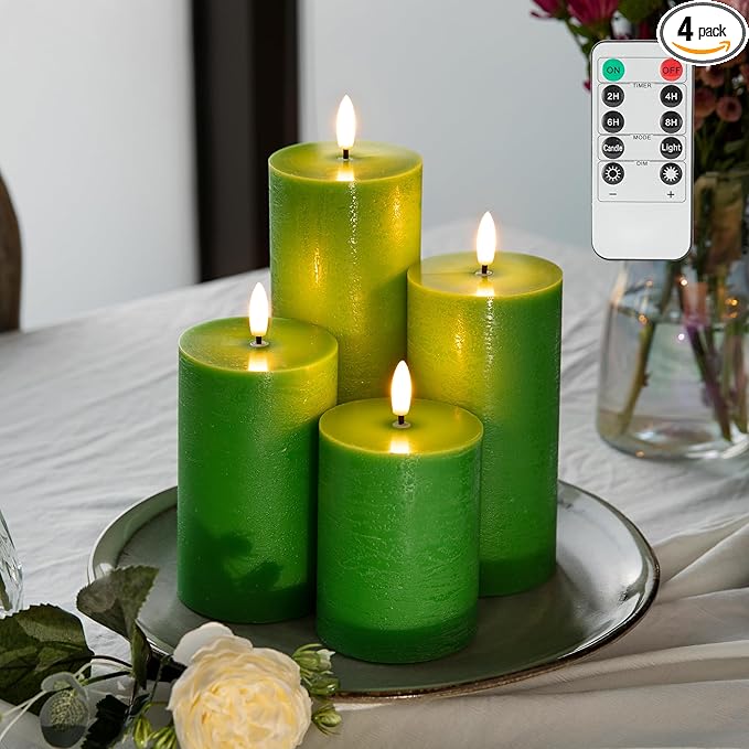 Green Flameless Candles, 4 Pack Battery Operated Candles for St. Patrick’s Day, Real Wax LED Fake Candles for Spring Decor Party Centerpiece Green