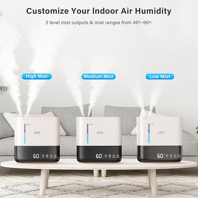 JRD Humidifiers for Bedroom, Ultrasonic Humidifier 4L for Large Room, Cool Mist Top-Fill, 40H Run, 12H Timer, 360° Nozzle, Aroma Diffuser, 7-Color Night Light for Home, Office, Baby(White)