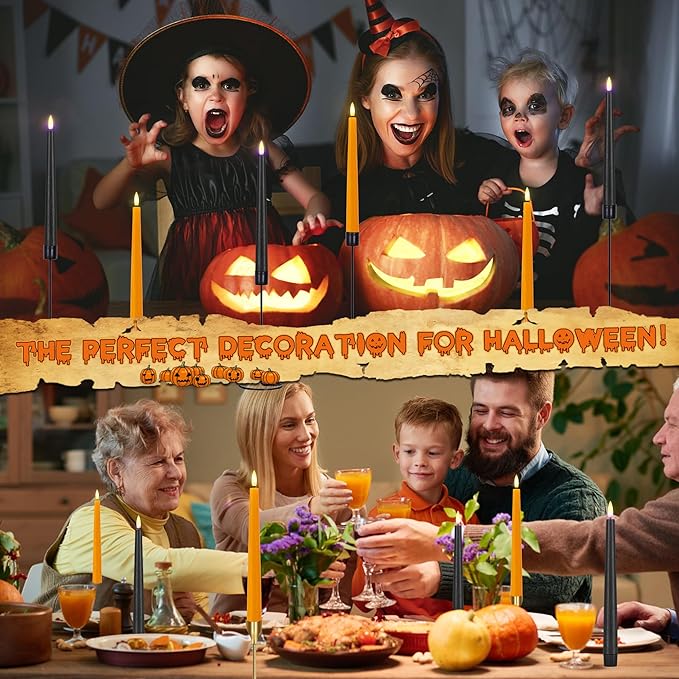Orange and Black Flameless Taper Candles Flickering, Real Wax Halloween Candles with 2 Remote & Timer, Battery Operated Halloween Led Candle for Party Home Decor 6 Pack