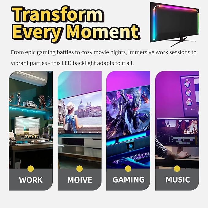 24 Inch Monitor Backlight - Reactive LED Strip for PC and Mac - Screen Color and Music Sync Gaming Lights - Software Control Ambient Lighting for Desktop Setup - USB Powered (24 inch)