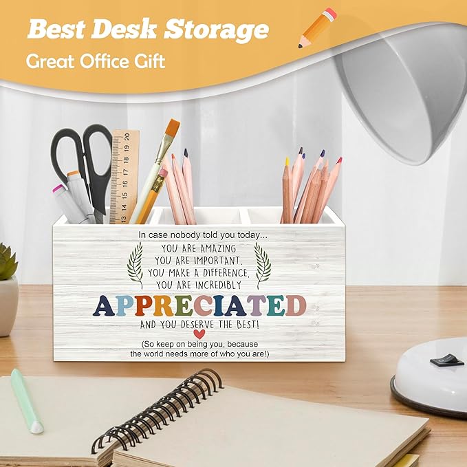 Inspirational Pen Holder Organizer for Desk Accessories, Teacher Appreciation Gifts, You Are Amazing Motivational Quote Wooden Box Sign Desk Decorations for School Office Tabletop Decor
