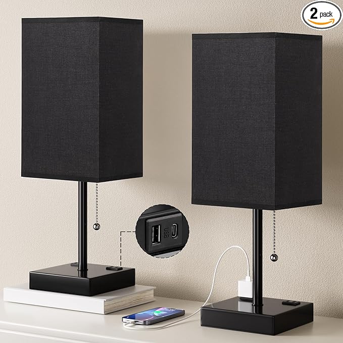 Plus Black Bedside Table Lamps Set of 2 - Bedroom Lamps with 3 Colors (3000K/5000K/4000K), Square Nightstand Lamp with USB C + A Charging Ports And 2 AC Outlets, Pull Chain Night Light For End Table