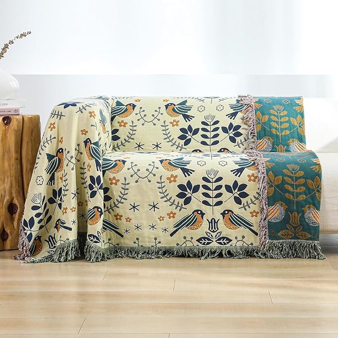 Boho Throw Blanket for Couch 100% Cotton Organic Ultra Soft Breathable Rustic Quilt 50" x 60" Birds and Floral Throw for Sofa Chair Bed Couch Chair