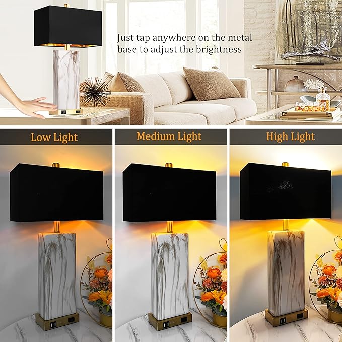 Touch Control Table Lamps Set of 2, Modern Contemporary Bedside Lamp with 2 USB Ports 1 AC Outlet, 3-Way Dimmable Nightstand Lamp Faux Marble Gold Black Rectangular Shade for Living Room Bedroom