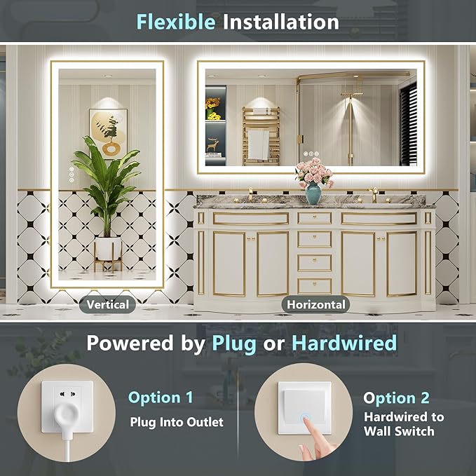 96x36 Gold LED Bathroom Mirror with Lights, Brushed Gold Framed Backlit and Front Lit Anti-Fog Lighted Vanity Mirrors for Bathroom Wall, Dimmable, 3 Colors, Memory, HD Tempered Glass, CRI＞90