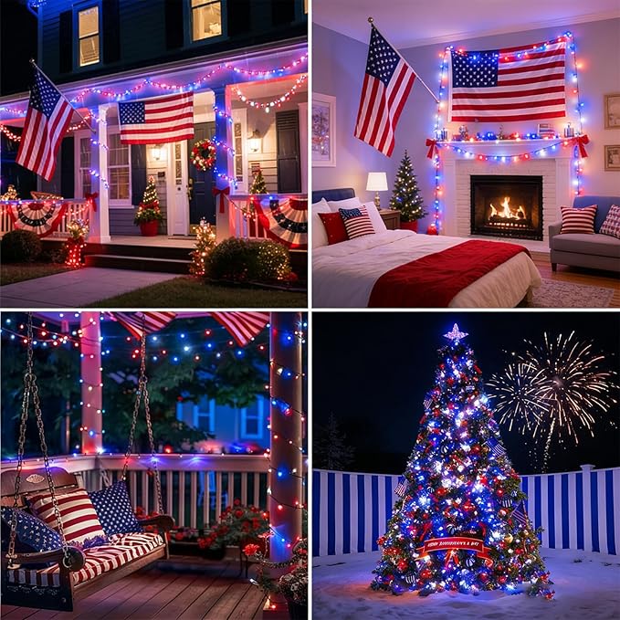 LAMPHOME Red White and Blue Patriotic String Lights, 66ft 200LED 4th of July Lights Plug in, 16 Modes LED Lights Outdoor String Lights for Independence Day Memorial Day Patriotic Holidays Decor