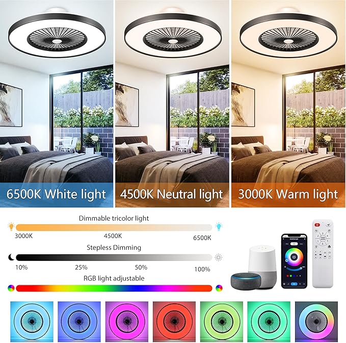 24" RGB Low Profile Ceiling Fan with Light, Smart Bladeless Ceiling Fan with APP/Alexa/Remote Control, 6-Speed Silent Reversible DC Motor, Dimmable Color Changing LED, Black