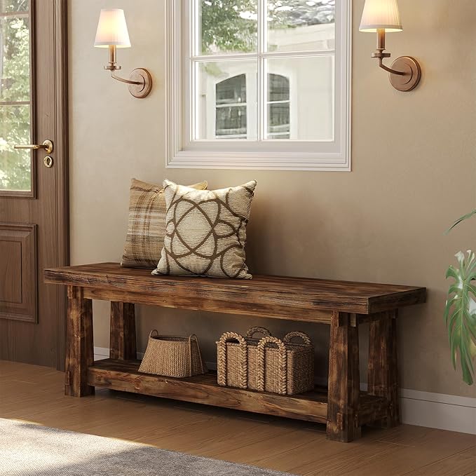 55" Solid Wood Entryway Bench with Shoe Storage, Rustic Charred Wood Grain Foyer Bench with Open Shelf for Hallway, Mudroom, Bedroom, Easy Assembly
