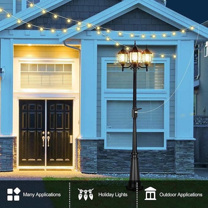 Dusk to Dawn Outdoor Lamp Post Light with GFCI Outlet, 3-Head Classic Black Light Pole with Glass Panels (3 LED Bulbs Included), Aluminum Waterproof Outside Street Light for Backyard Garden Driveway