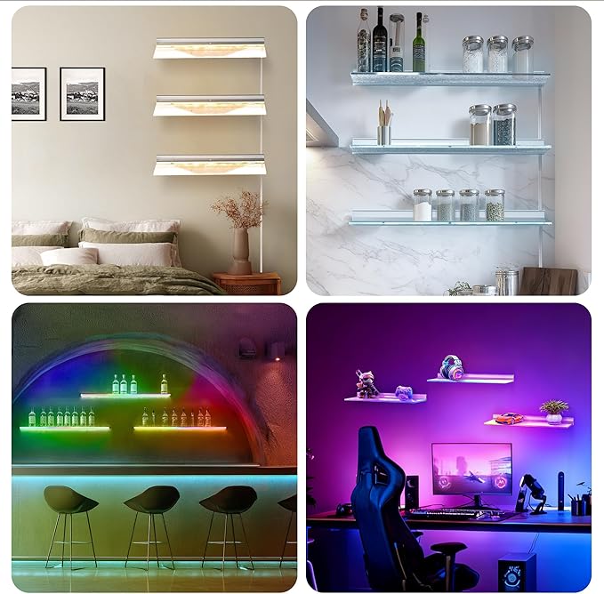 VST Modern Acrylic LED Wall-Mounted Bar Shelves, 3-Pack RGB Backlit Floating Liquor & Wine Display with Aluminum Profile Frame | APP/Voice Control Mood Lighting for Home Bar & Game Room