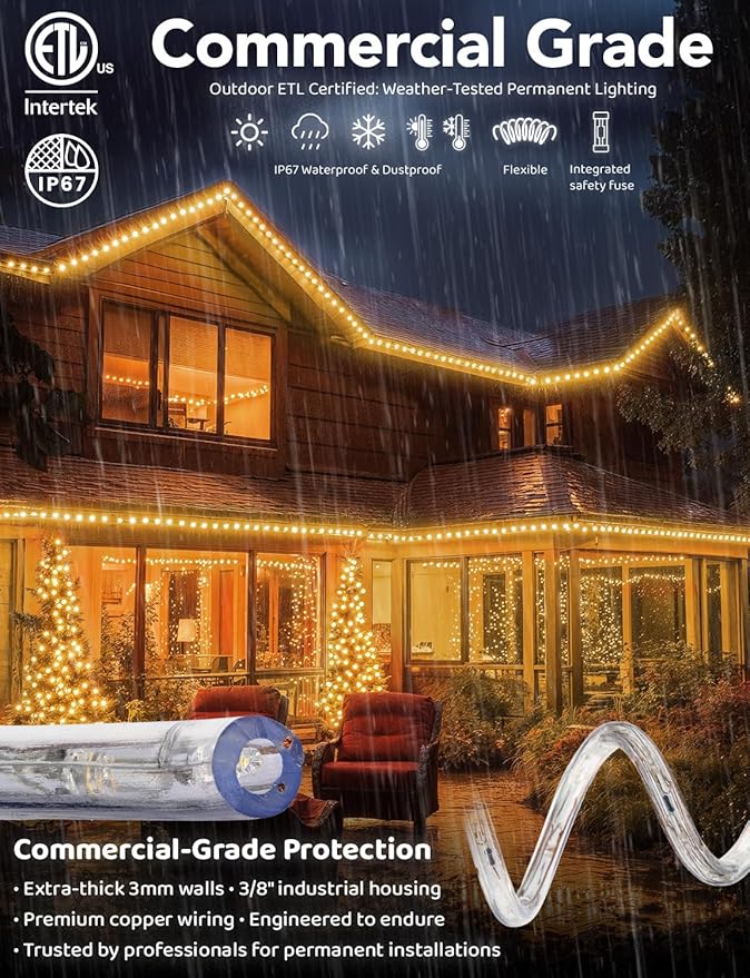 WYZworks 1116LEDs 100ft LED Outside Rope Lights, Outdoor ETL Certified Waterproof Permanent 360 Degree Light Emitting, Flexible Tube, Connectable, Christmas Palm Tree Exterior Landscape, Warm White
