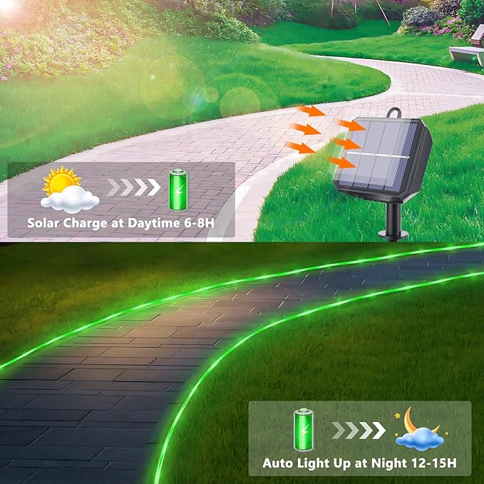 Solar Rope Lights, 2 Packs Total 66ft 200LEDSolar String Lights, 8 Modes Waterproof Solar Powered Outdoor Light, Flexible Clear Tube Light for Garden Backyard Patio Deck Porch Tree Xmas Decor - Green