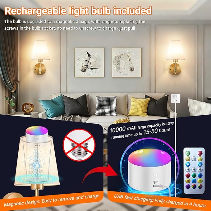 Battery Operated Wall Sconces Set of Two, Indoor Wireless Wall Mounted Lamp with 10000mAh Dimmable Bulb and Remote, RGB Colors Rechargeable Wall Light for Bedroom Living Room Decor