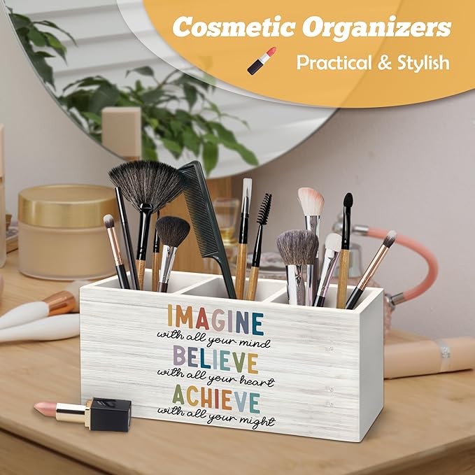 Boho Motivational Pen Holder Organizer for Desk Accessories, Imagine Believe Achieve Positive Wooden Box Sign Desk Decorations for Classroom Office Decor, School Counselor Must Haves