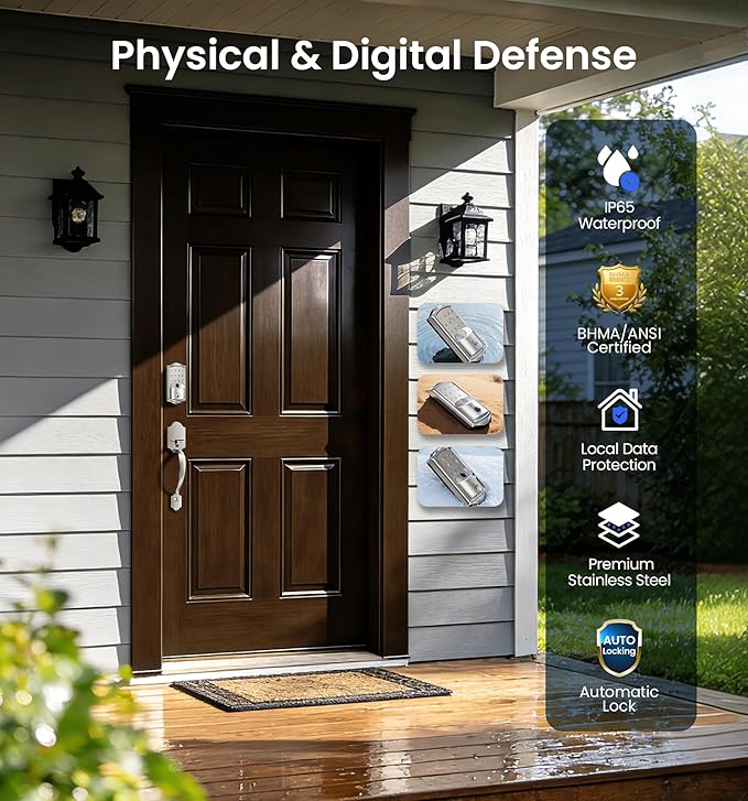 Veise VE027 Built-in Wi-Fi Smart Lock, Fingerprint Keyless Entry Front Door Lock, App Remote & Voice Control, No Hub Needed, Touchscreen Keypad Deadbolt, IP65 Waterproof, BHMA Grade 3, Satin Nickel