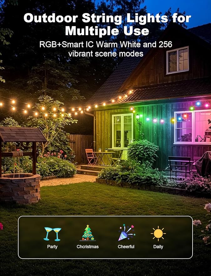 Outdoor String Lights APP Control with Remote, 64(52+12) ft RGB+IC+Warm White Outdoor Lights 18 LED Bulbs Music Sync for Garden Party Decor Christmas