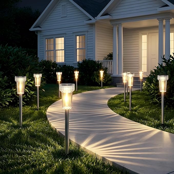 DERAYSION 12 Pack Solar Pathway Lights Outdoor, Auto Dusk-to-Dawn Landscape Garden Lighting, Waterproof Stainless Steel Pole Lighting for Path, Yard, Walkway, Garden, Driveway Decor - Warm White