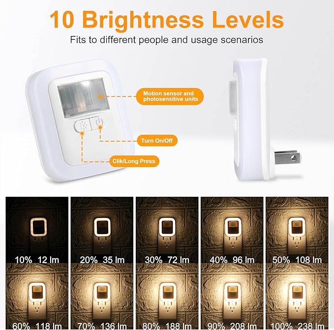 Yelko Night Light Plug In, 200LM Super Bright Nightlihts Plugin, Dimmable LED Night Light with 10 Brightness Levels Adjustable, Soft Warm White Motion Sensor Lights for Corridor, Stair, Gargae,hallway